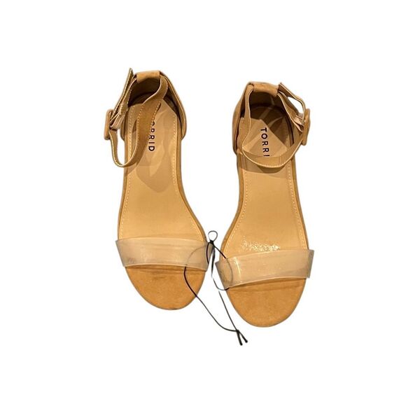 NWT SZ 8W Torrid Translucent Block Heel Adjustable Ankle Strap Sandal in Tan Sue - Picture 6 of 8
